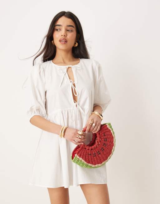 Gina Tricot mini dress with tie front bodice and puff sleeves in white