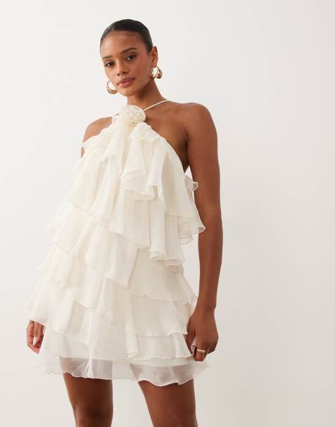 Gina Tricot - Mini jurk met halternek, ruches en rooscorsage in gebroken wit - view 1