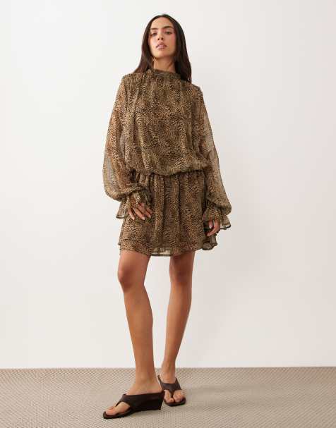 Gina Tricot mini jurk met lange mouwen van chiffon in bruine luipaardprint - view 1