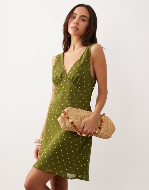 Gina Tricot mini-jurk met V-hals en polkadotprint in groen en wit - view 1
