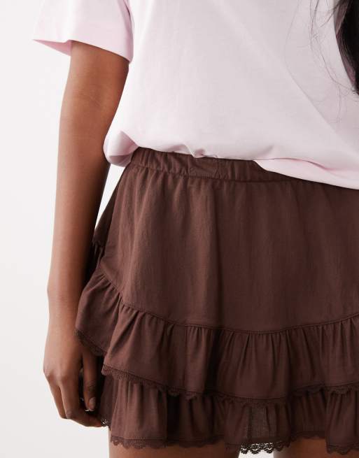 Gina Tricot - Mini skort met ruches in chocoladebruin, 4 van 5