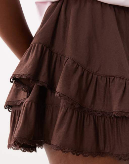 Gina Tricot - Mini skort met ruches in chocoladebruin, 5 van 5