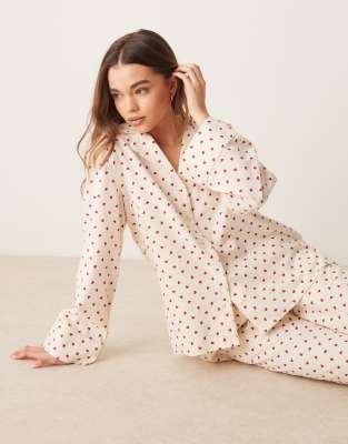 mix and match flannel pajama shirt top in red and cream heart print-White