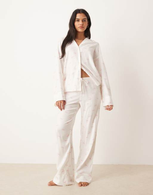 Gina Tricot Mix and Match flannel pyjamas pants in white with pink bows print