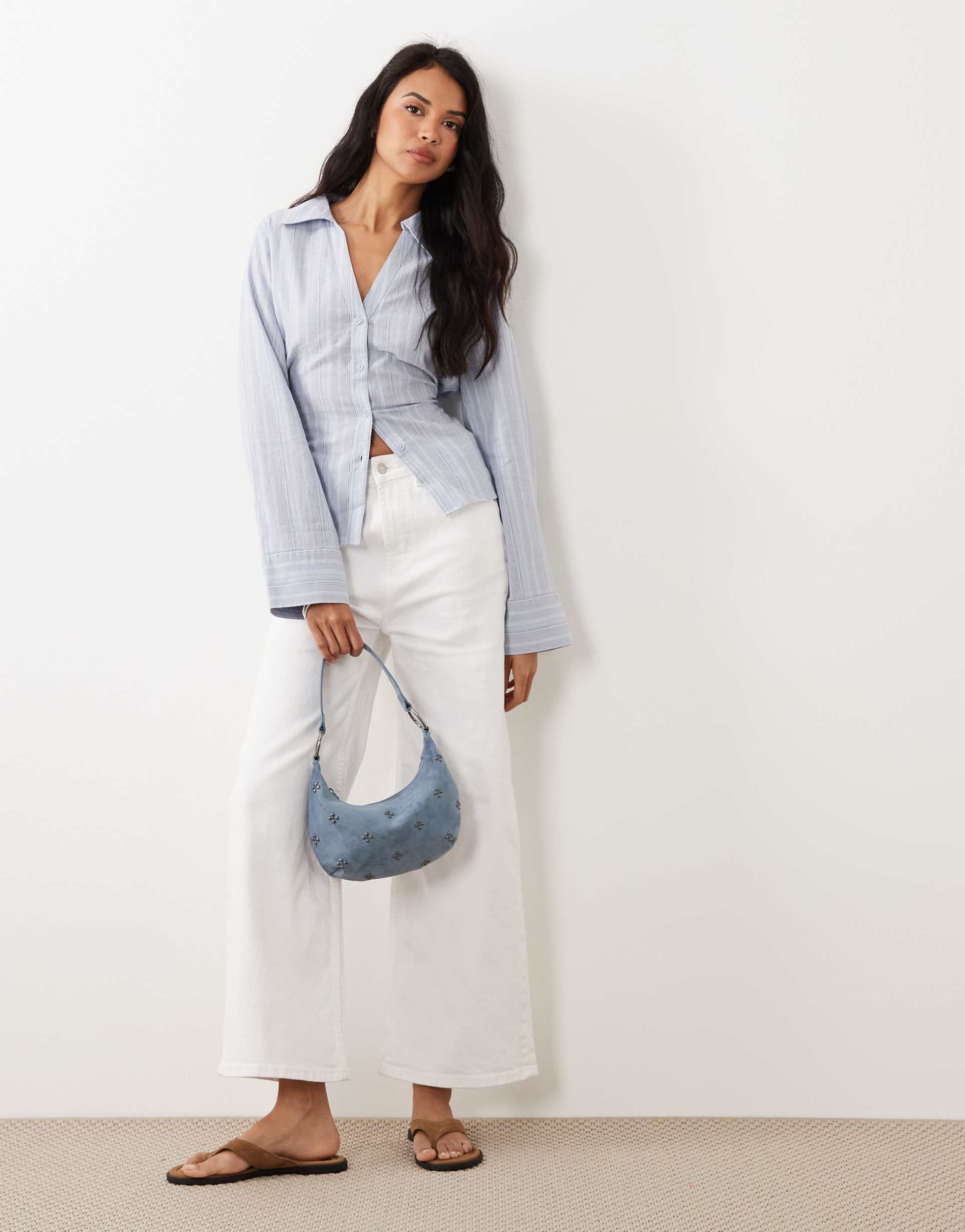 gina tricot mix and match linen blend shirt with belt in blue stripes
