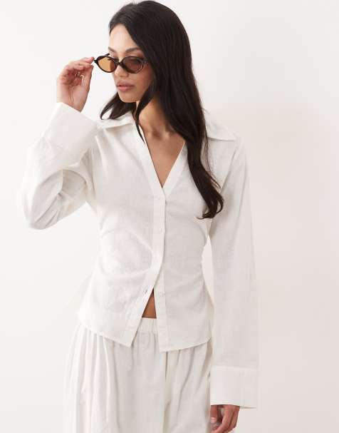 Gina Tricot mix and match linen mix shirt in white - view 1