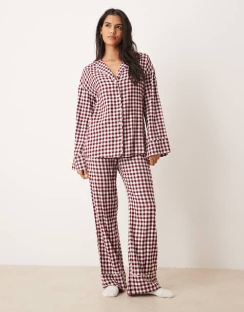 Gina Tricot mix and match long sleeve flannel pjyjamas in red and white gingham check - view 1