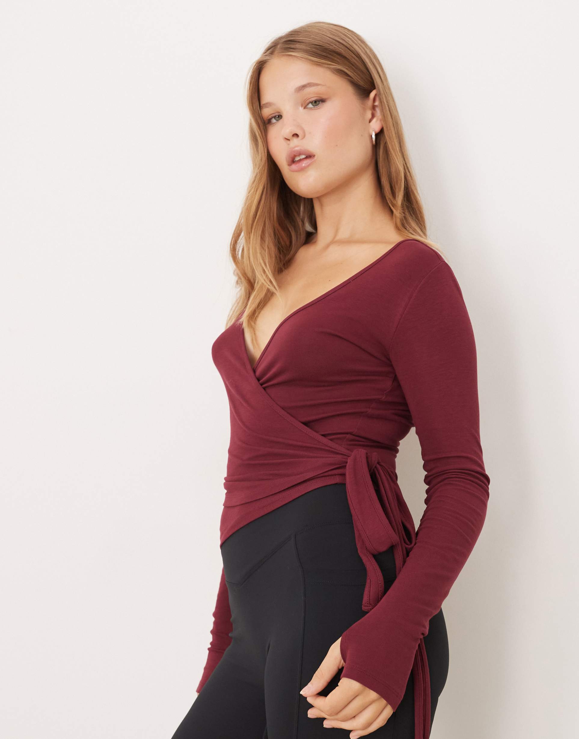 gina tricot mix and match long sleeve soft wrap cardigan in burgundy