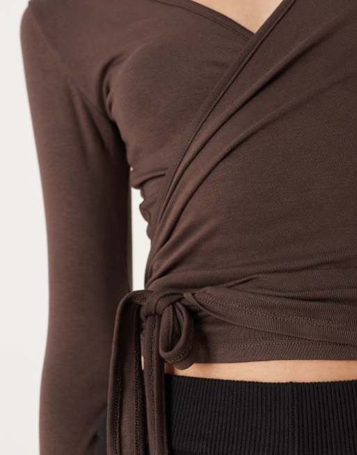 Gina Tricot mix and match long sleeve soft wrap cardigan in dark brown