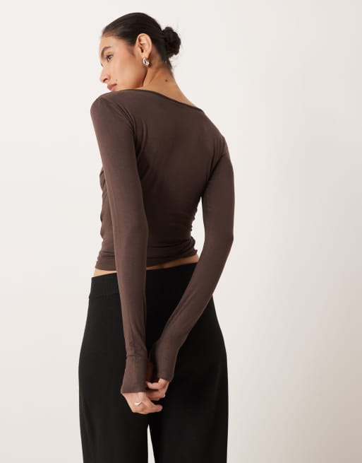 Gina Tricot mix and match long sleeve soft wrap cardigan in dark brown