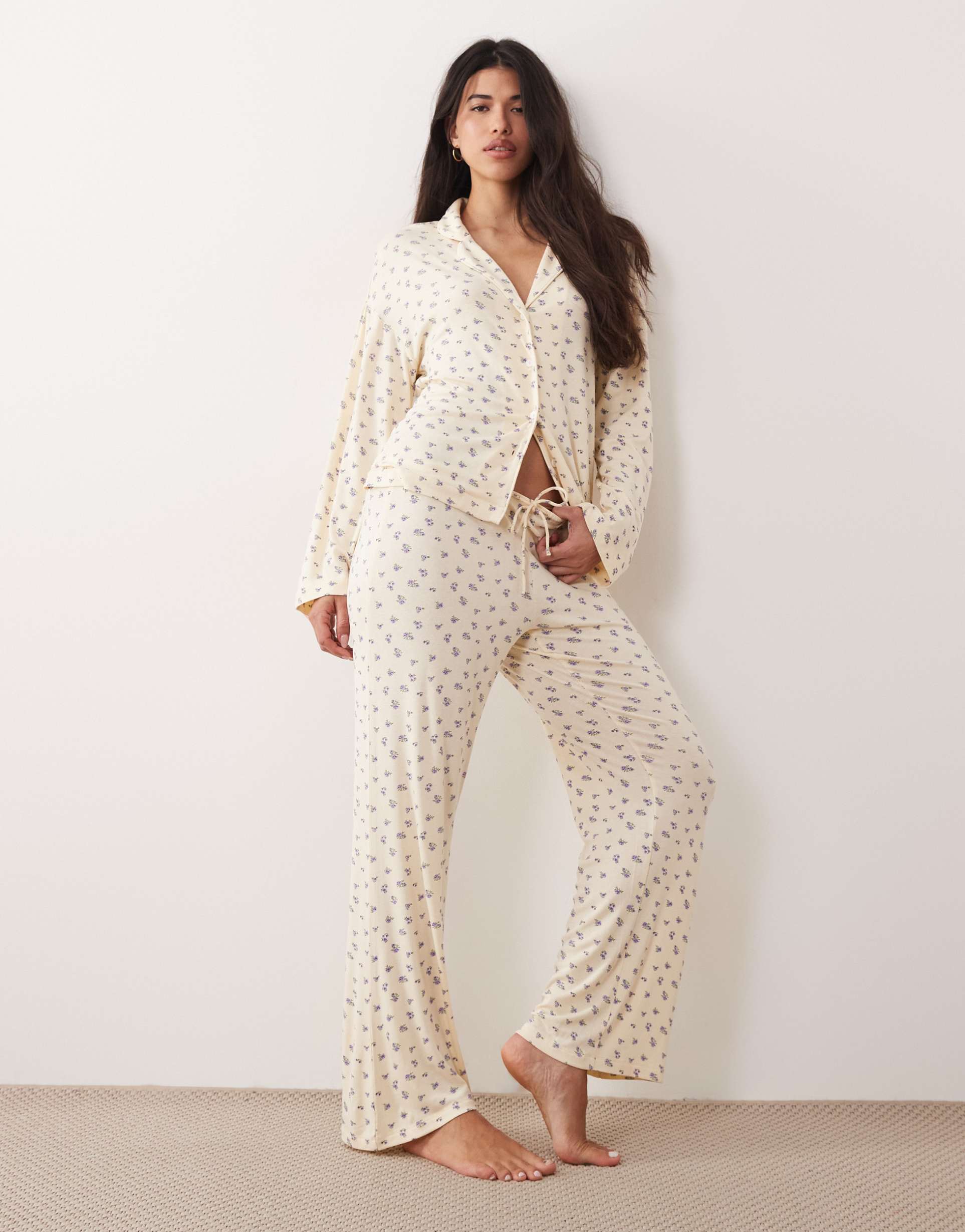gina tricot mix and match lounge pajama bottoms in buttermilk yellow ditsy flower print