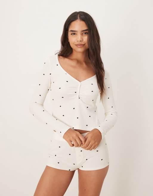 Gina Tricot mix and match loungewear long sleeve pajama Henley top in white with black hearts