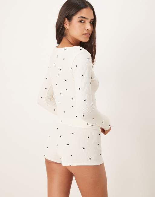Gina Tricot mix and match loungewear long sleeve pyjamas henley top in white with black hearts, 3 of 4