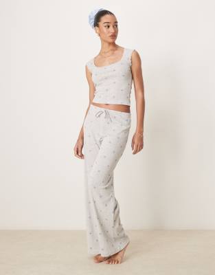 mix and match pointelle embroidered edge cotton pajama bottoms with blue bows in heather gray