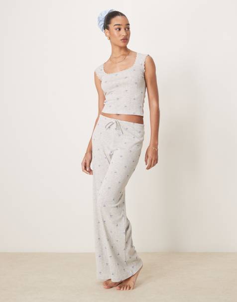 Gina Tricot Mix and Match pointelle embroidered edge cotton pyjama bottoms with blue bows in grey melange - view 1
