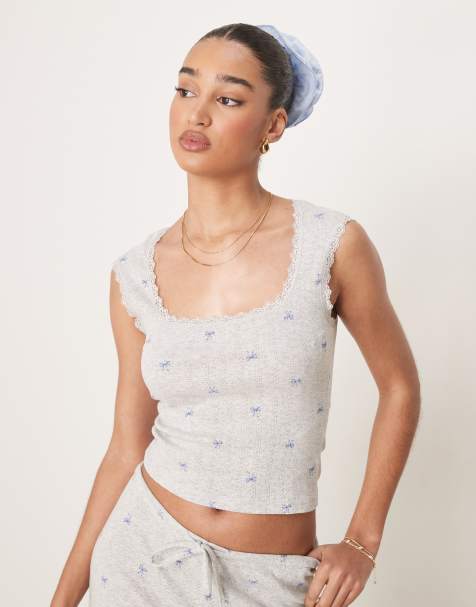 Gina Tricot Mix and Match pointelle embroidered edge cotton singlet with blue bows in grey melange - view 1