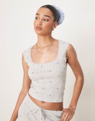 mix and match pointelle embroidered edge cotton tank top with blue bows in heather gray