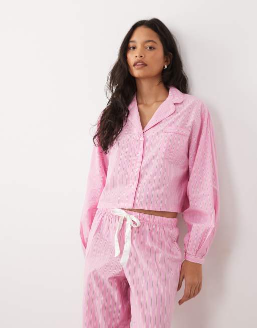 Gina Tricot mix and match poplin pajamas in pink stripe, 2 of 3