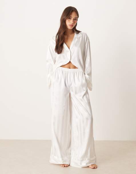 Gina Tricot mix and match satin lounge pajama pants in white stripes - view 1