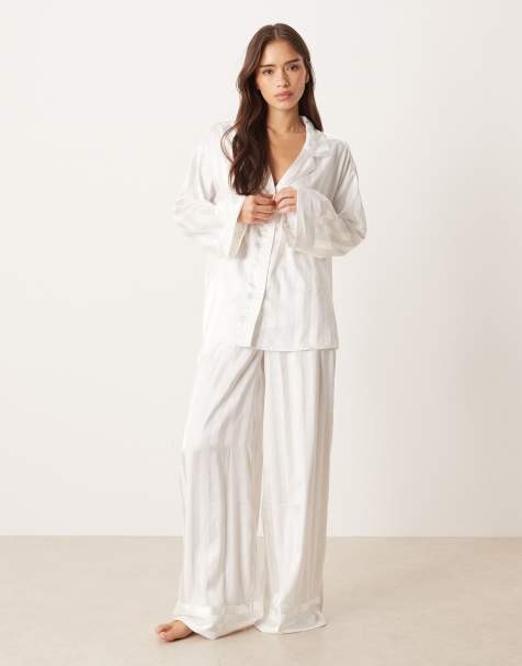 Gina Tricot – Mix and Match – Satin-Pyjama in Weiß gestreift - view 1