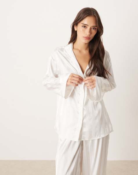 Gina Tricot mix and match satin pyjama top in white stripe - view 1