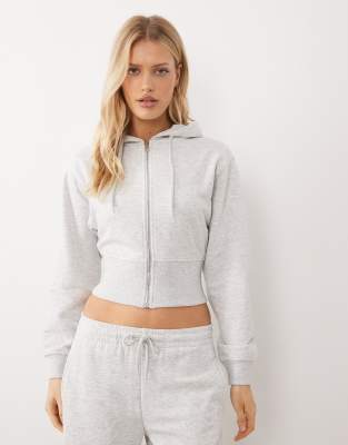 Gina Tricot - Mix and Match - Schmal geschnittene Kapuzenjacke in meliertem Hellgrau mit Reißverschluss
