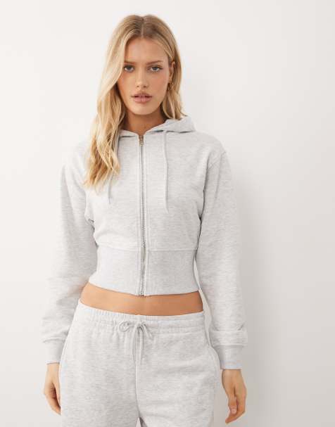 Gina Tricot – Mix and Match – Schmal geschnittene Kapuzenjacke in meliertem Hellgrau mit Reißverschluss - view 1