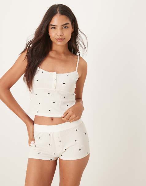 Gina Tricot mix and match soft Loungewear singlet pyjamas vest top in white with black hearts - view 1