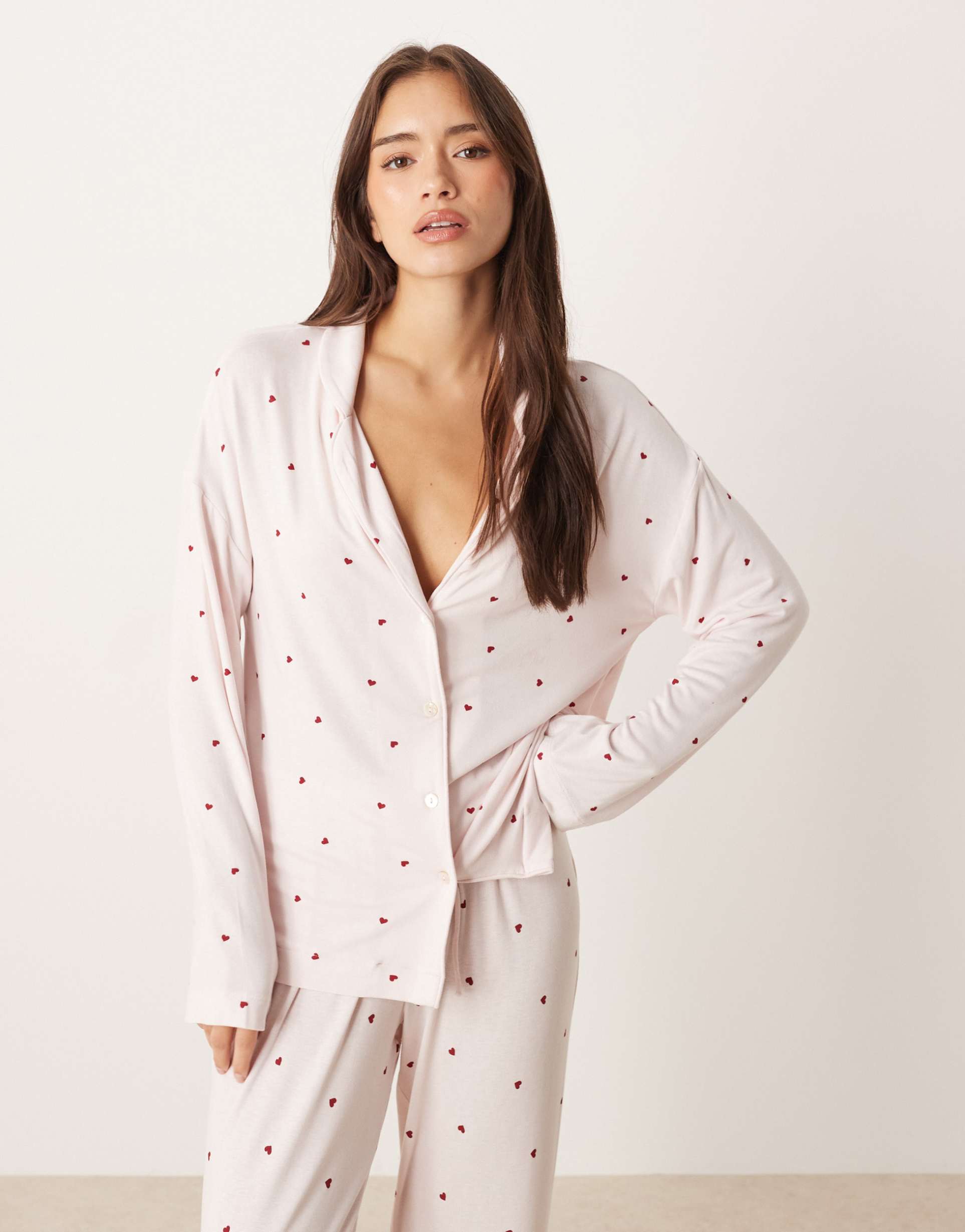 gina tricot mix and match soft pajama shirt top with red heart print in pink