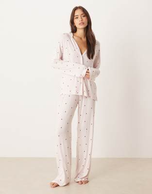 Gina Tricot Mix And Match Soft Pajama Shirt Top With Red Heart Print In Pink