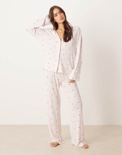 Gina Tricot mix and match soft pajamas with red heart print in pink - view 1
