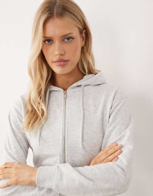 Gina Tricot - Mix and Match - Sweat à capuche ajusté à fermeture éclair - Gris clair chiné, 4 de 4