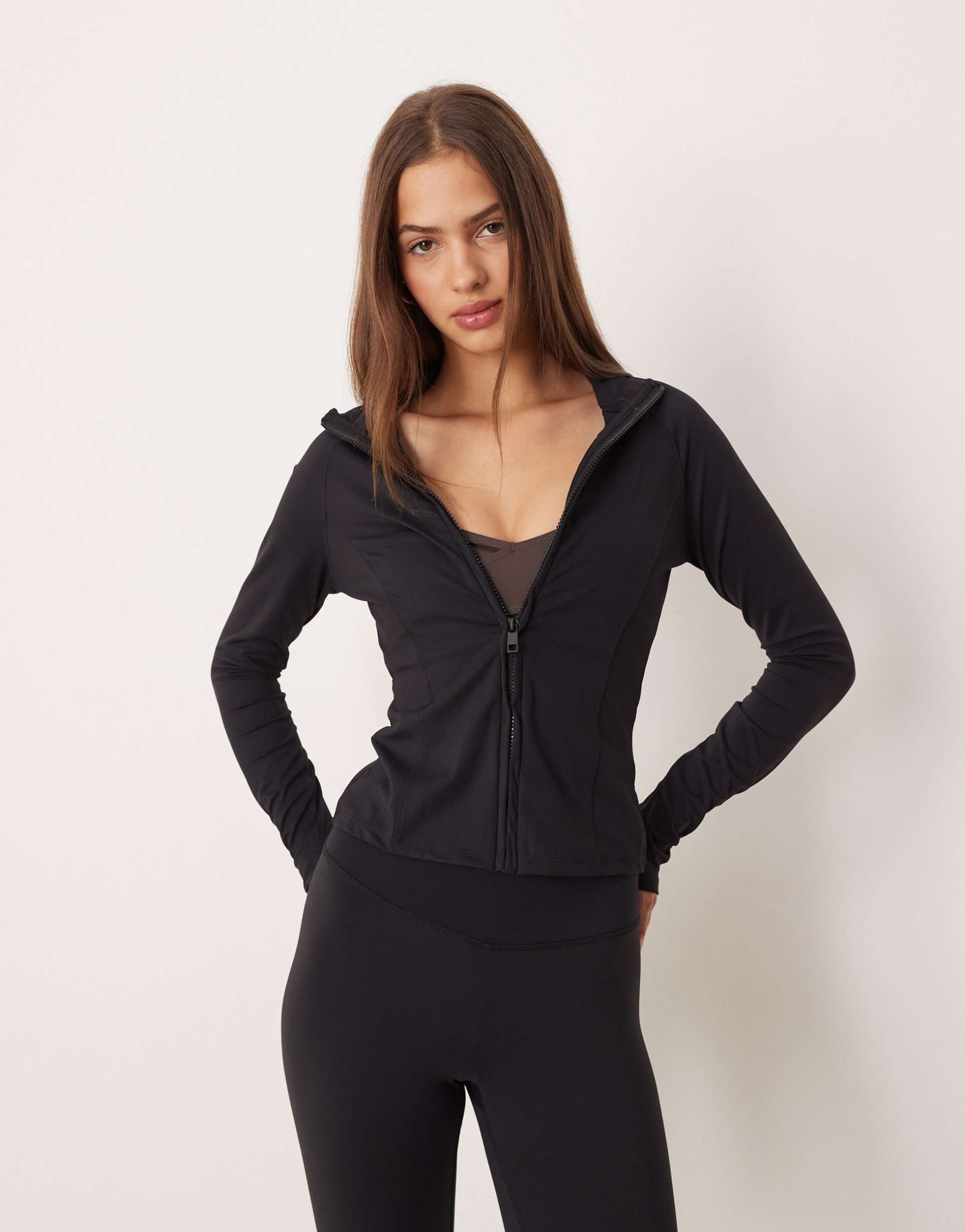 gina tricot mix and match yoga athletic seamless zip up jacket in black