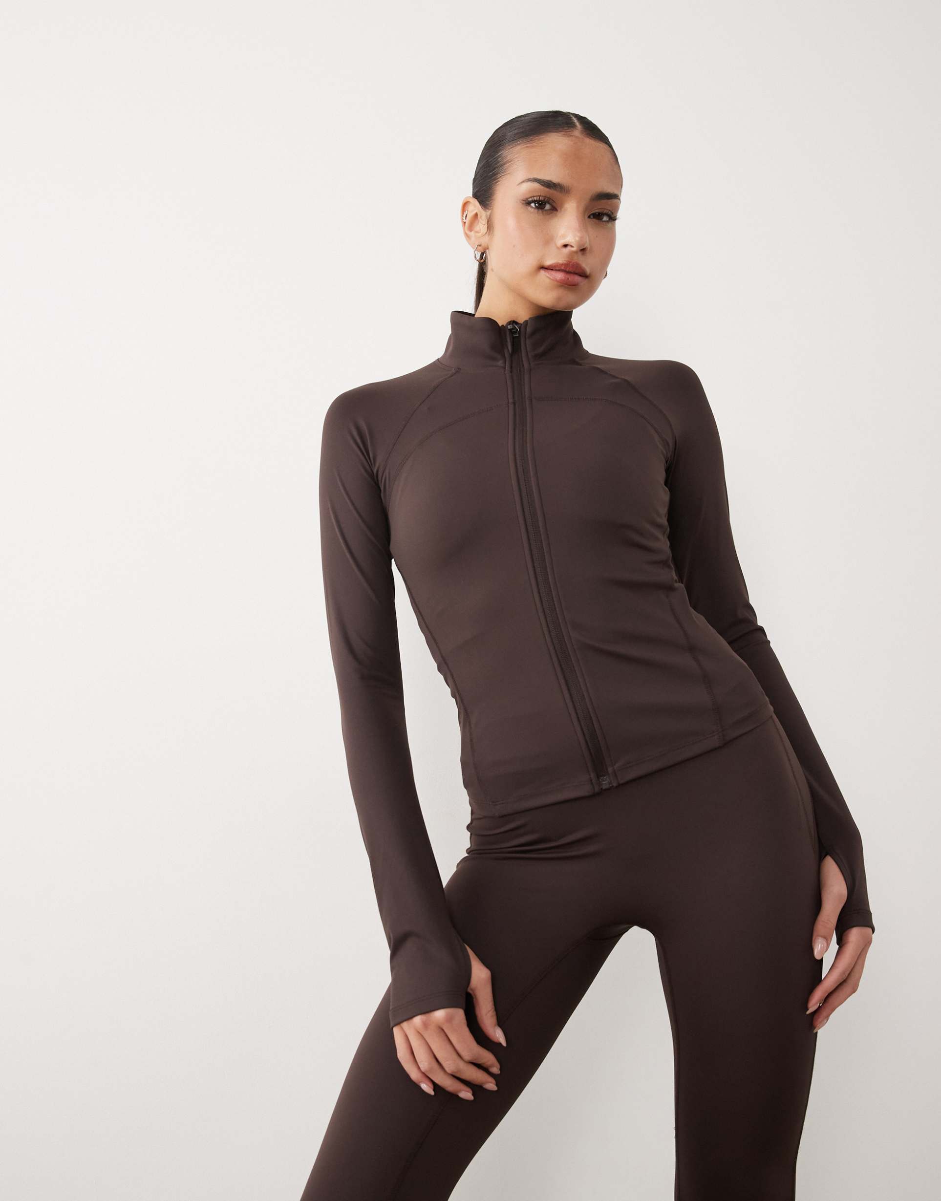 gina tricot mix and match zip up yoga jacket in chocolate brown