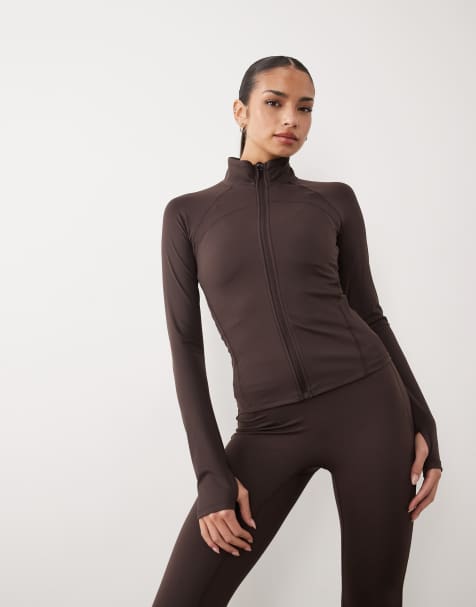 Gina Tricot mix and match zip up yoga jacket in chocolate brown