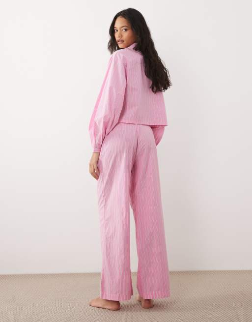 Gina Tricot - Mix en match - Gestreepte poplin pyjamabroek in roze, 3 van 4