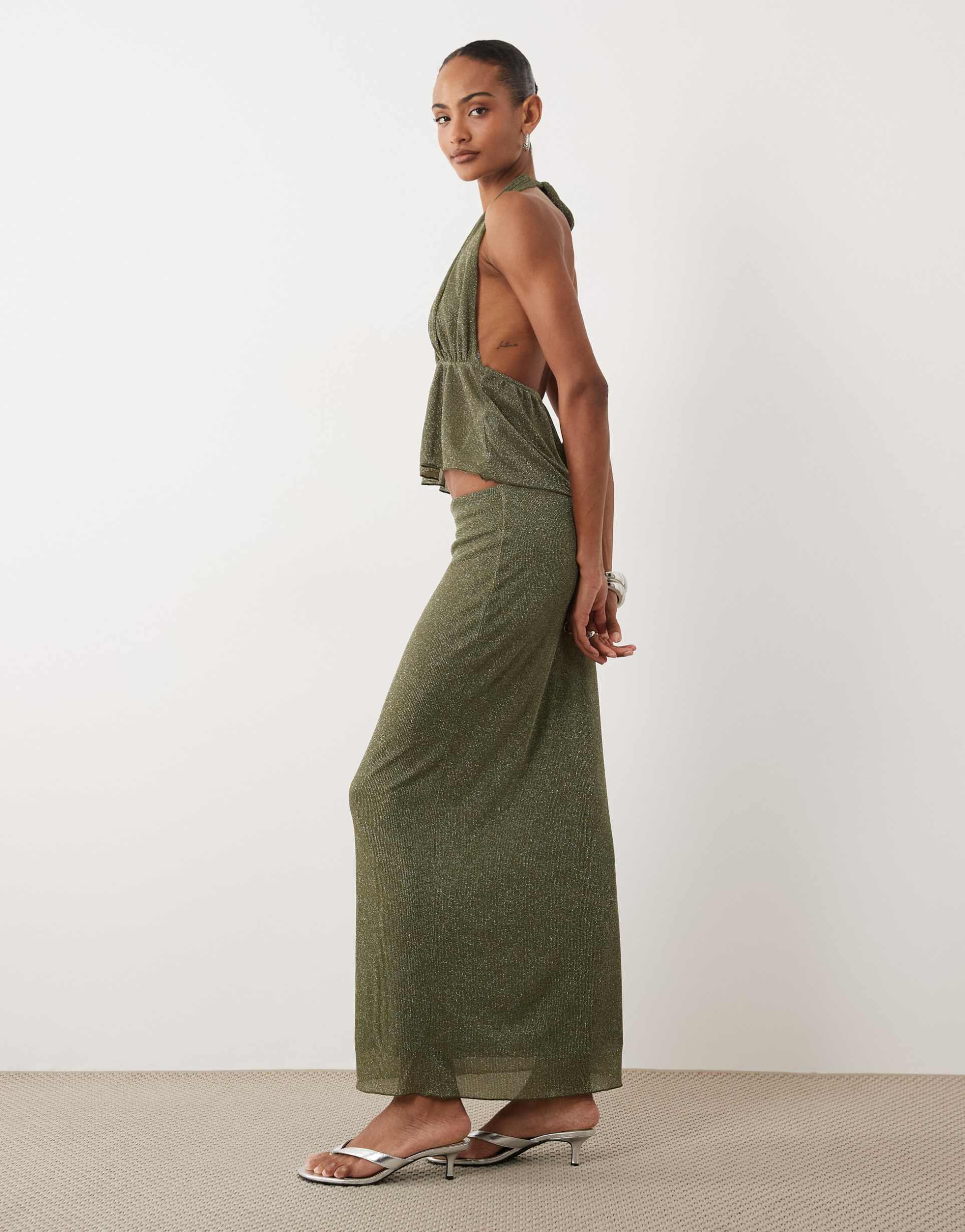 gina tricot mix & match maxi skirt in khaki glitter
