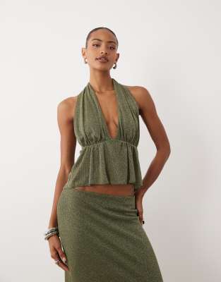 Gina Tricot Mix & Match Plunge Peplum In Green