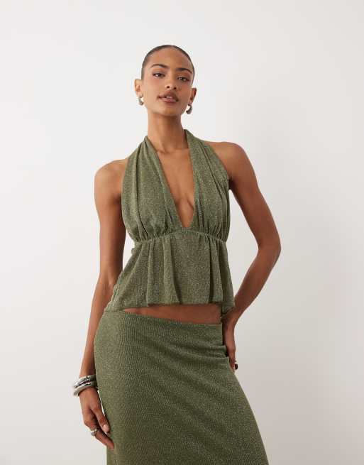 Gina Tricot mix & match plunge peplum in khaki glitter - KHAKI, 2 of 4