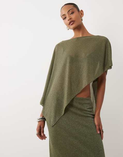 Gina Tricot mix & match sheer asymmetric poncho in khaki glitter - view 1