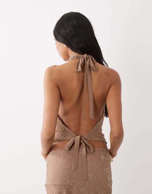Gina Tricot – Mixa och matcha – Brun, utsmyckad topp med draperad ringning, 4 av 4