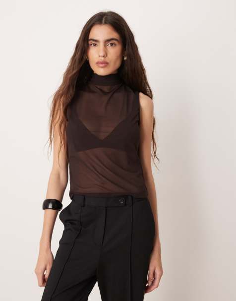 Gina Tricot – Mörkbrun, skir topp med hög krage, sjal, öppen rygg och knytning baktill - view 1