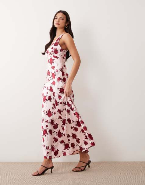 Gina Tricot - Mouwloze satijnen maxi jurk in roze met bloemenprint - view 1