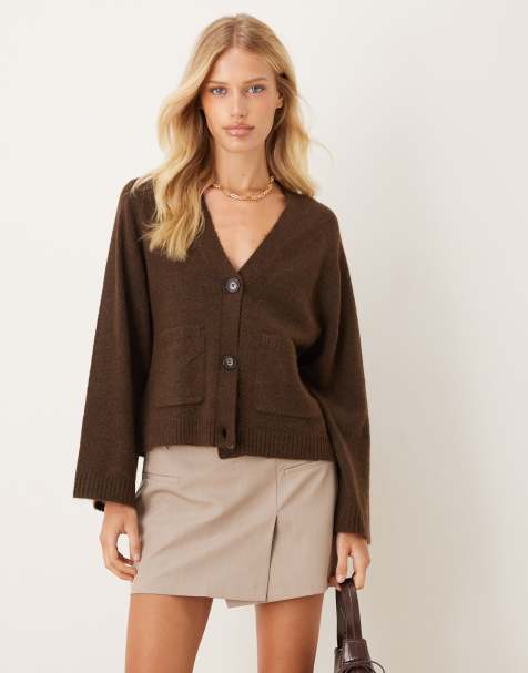 Gina Tricot - Mørkebrun strikket afslappet cardigan med lommer - view 1