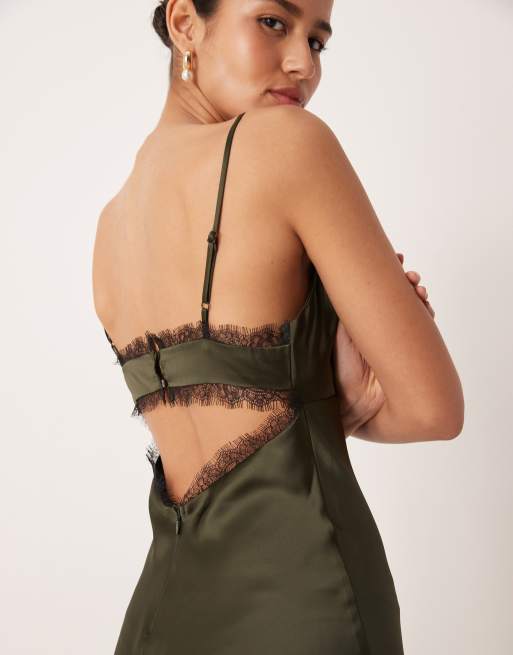Gina Tricot - Mørkegrøn maxikjole med blonder i satin, 2 af 4