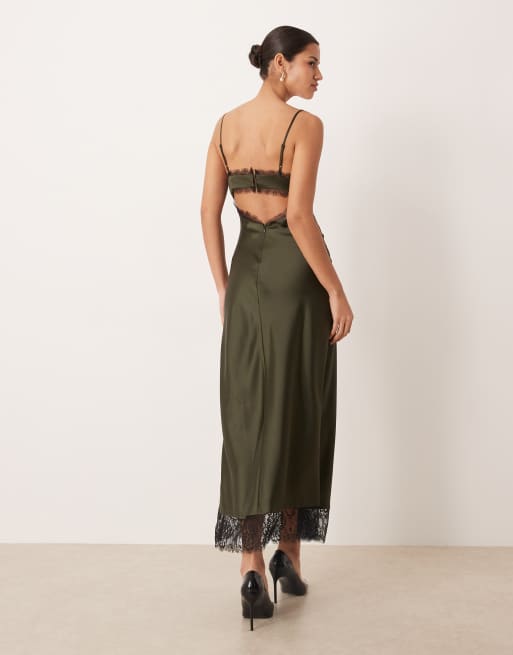 Gina Tricot - Mørkegrøn maxikjole med blonder i satin, 3 af 4