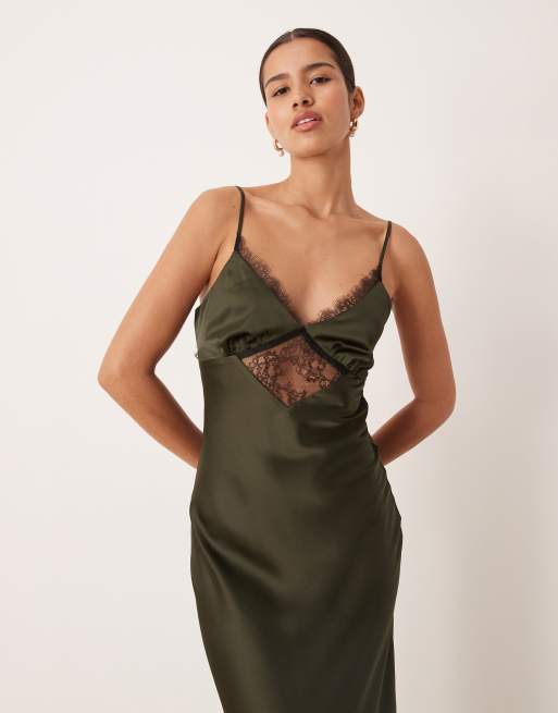 Gina Tricot - Mørkegrøn maxikjole med blonder i satin, 4 af 4