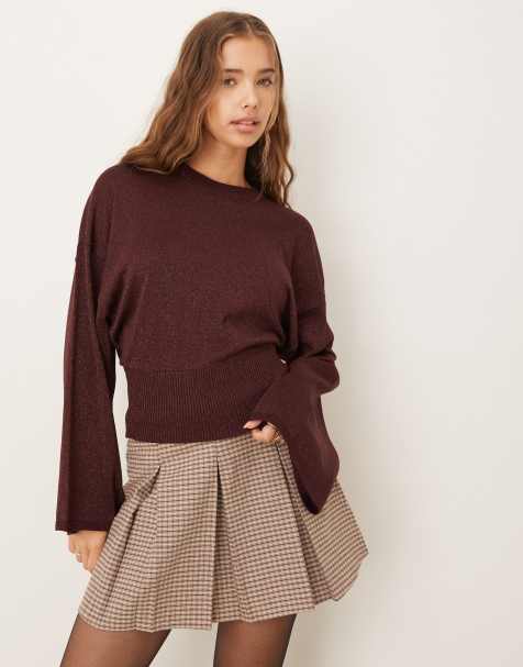 Gina Tricot - Mørkerød sweater i fin metallisk strik med vide ærmer - view 1