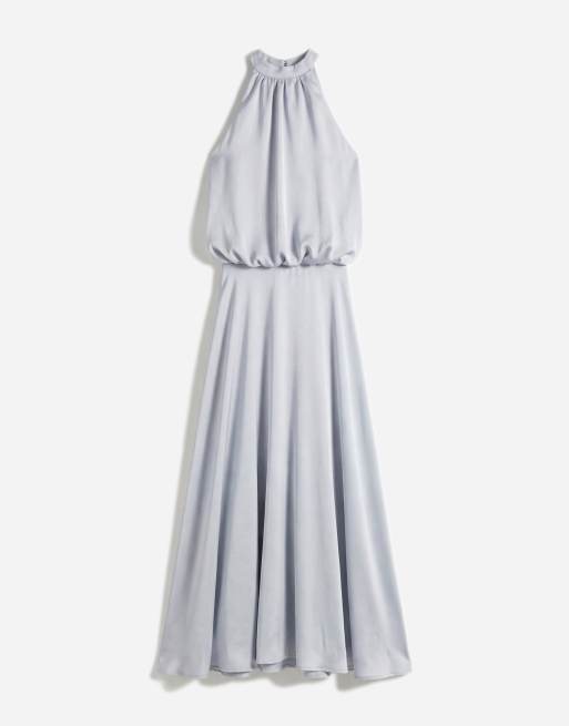Gina Tricot – Neckholder-Maxikleid aus Satin in Hellblau, 5 von 7