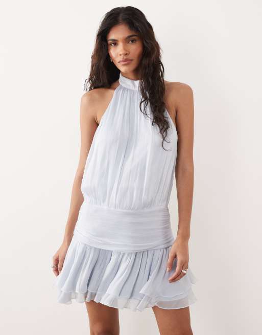Gina Tricot – Neckholder-Minikleid in Hellblau mit Rüschen, 2 von 4
